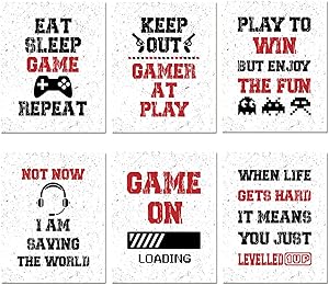 Funny Game Art Print Inspirational Words Quote Poster, Set of 6 Canvas Gaming Wall Art Pictures For Kids Boy Bedroom Playroom Home Decor - Christmas Birthday Gifts for Gamer, No Frame 8'' x 10''
