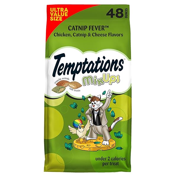 TEMPTATIONS CAT TREATS, CLASSIC CRUNCHY AND SOFT CAT TREATS, CATNIP FEVER FLAVOR, CATNIP TREATS, 48 OZ. BAG
