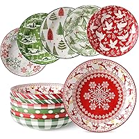 Metahom Christmas Pasta Bowls, 8 Inch Salad Serving Bowl Set, Wide and Shallow Dinner Bowl Plate for Kitchen, Dishwasher and 
