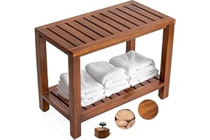 THE TEAKY HUT Teak Shower Bench - with Shelf, 25 Inch, Wooden Seat Stool for Bathroom, Spa, Garden, Fully Assembled, The Akar 25