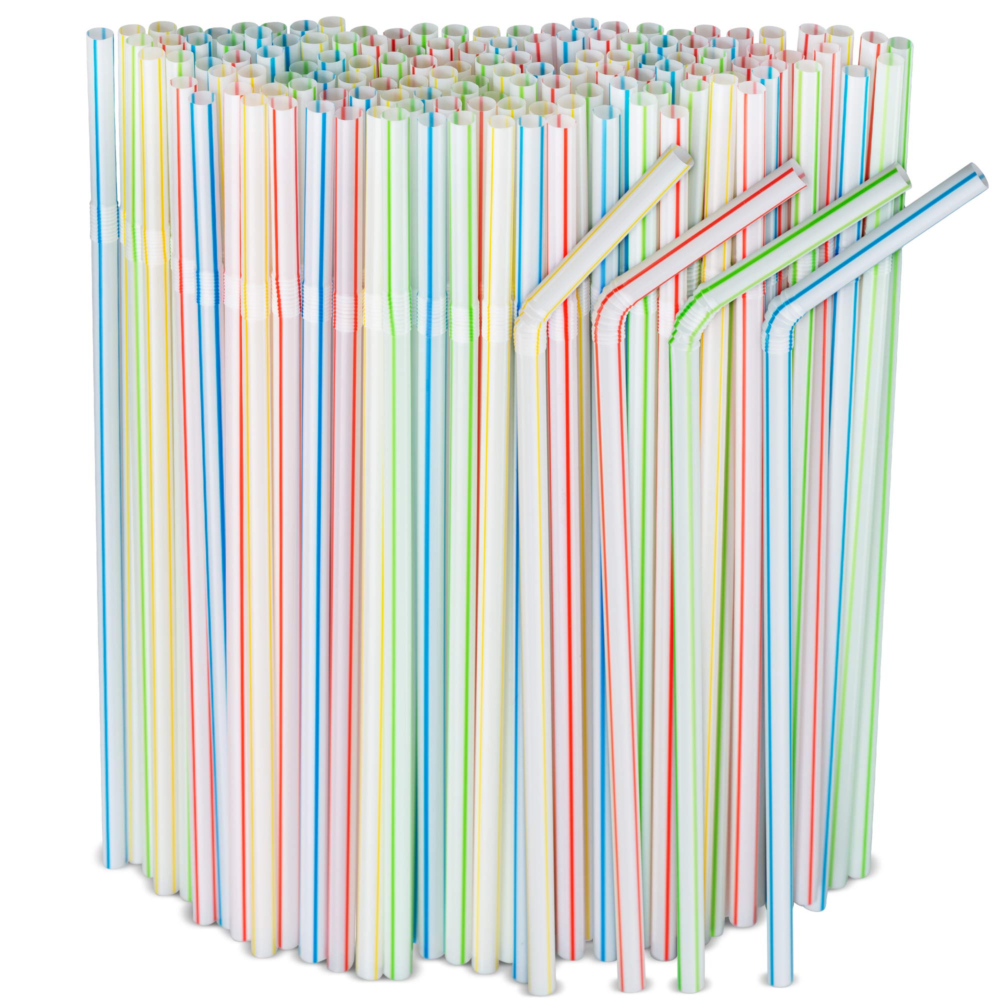Photo 1 of [500 Pack] Striped Flexible Plastic Drinking Straws Disposable Straw 8'' inches Tall Assorted Colors