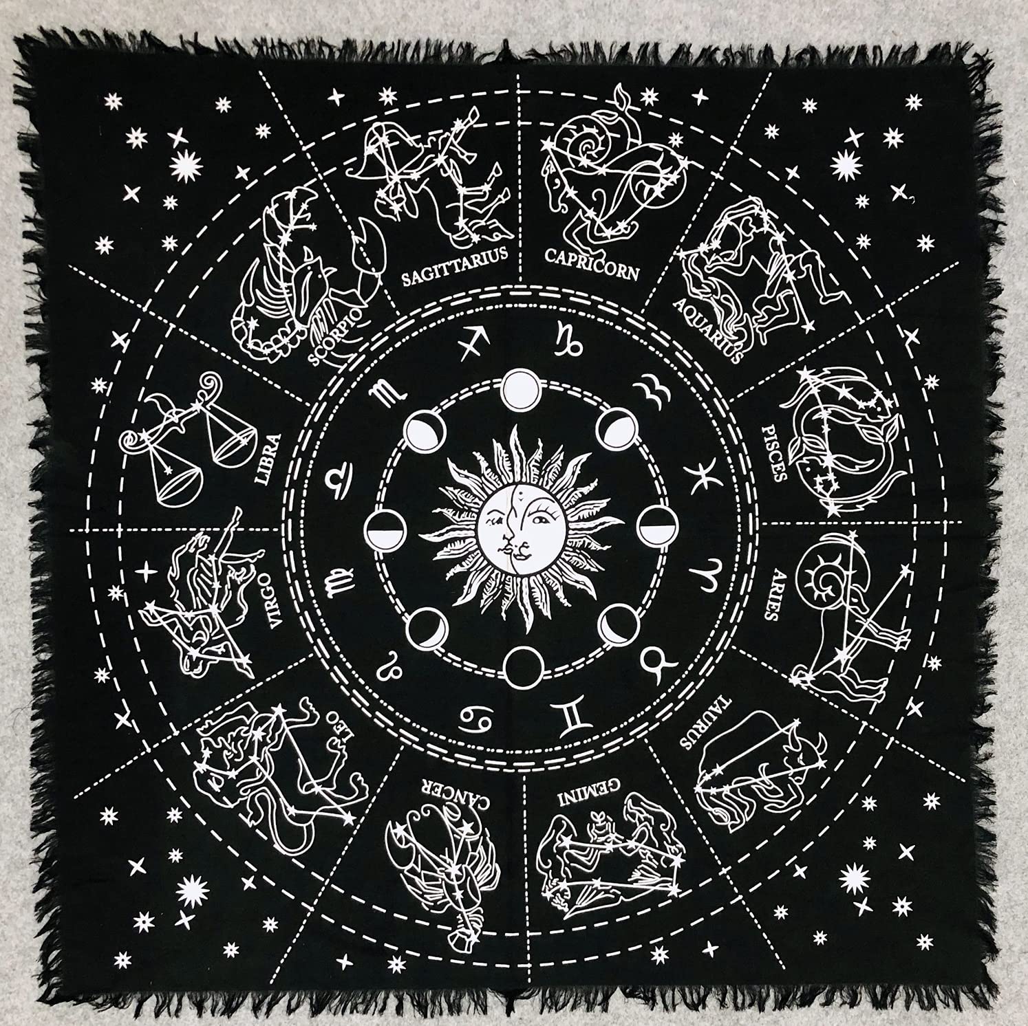 THE ART BOX Altar Cloth Spiritual Horoscope Circle Table Cover – 36x36Inch Tarot Spread Zodiac Rune Casting Cloth Tablecloth Napkins With Fringes
