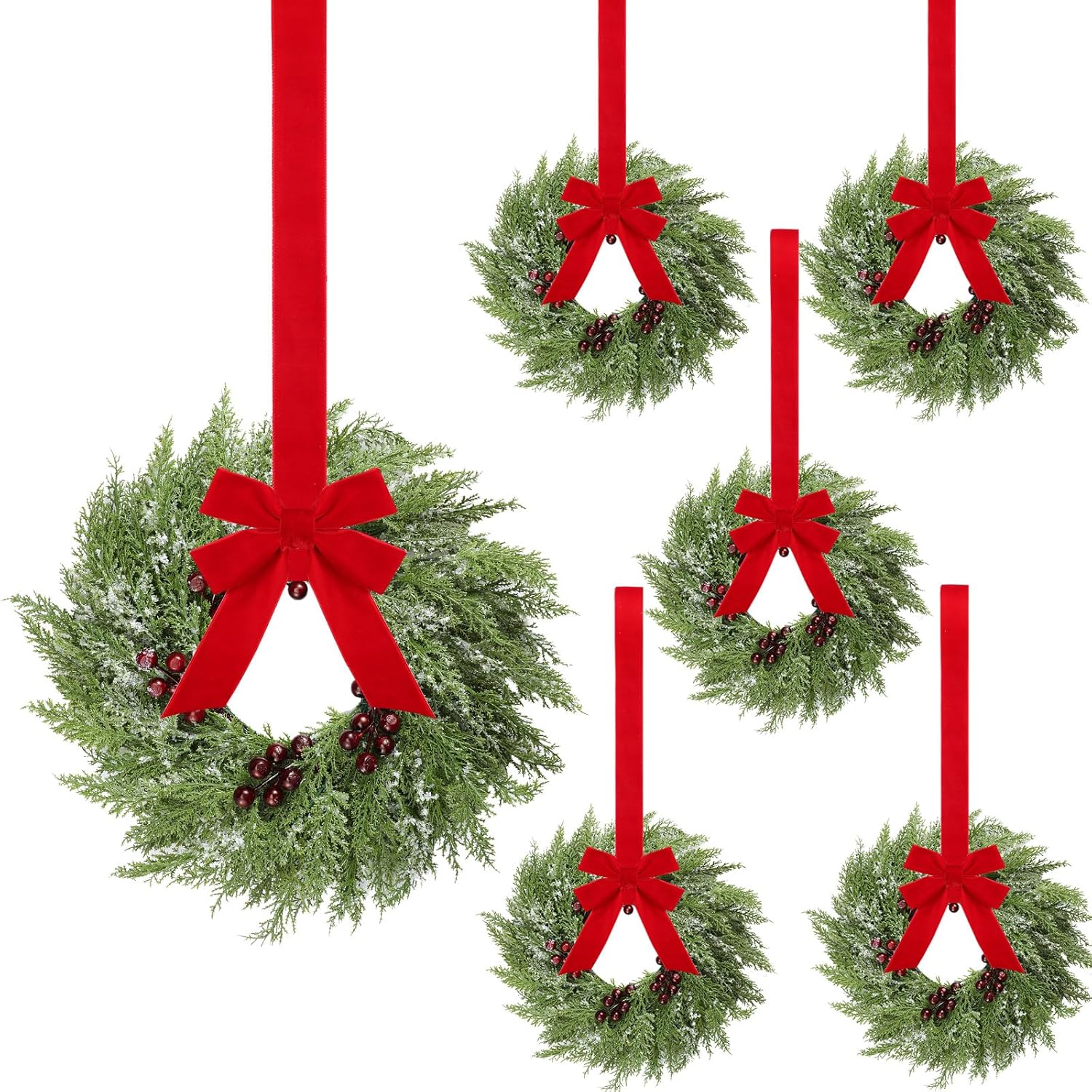 Wreaths, Garlands & Swags - Barydat 6 Pcs Christmas Wreath Decorations Christmas Kitchen Cabinet Wreaths with Red Ribbon Mini Wreaths Farmhouse Decoration Artificial Hanging Garlands for Christmas Front Door Window Chair Wall