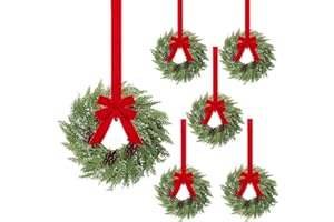 BARYDAT 6 Pcs Small Christmas Norfolk Wreaths 15 Inch Christmas Kitchen Cabinet Mini Wreath Real Touch with Bow Ribbon Cedar Red Berry for Xmas Front Door Window Chair Fireplace Table Pillar Farmhouse Decor