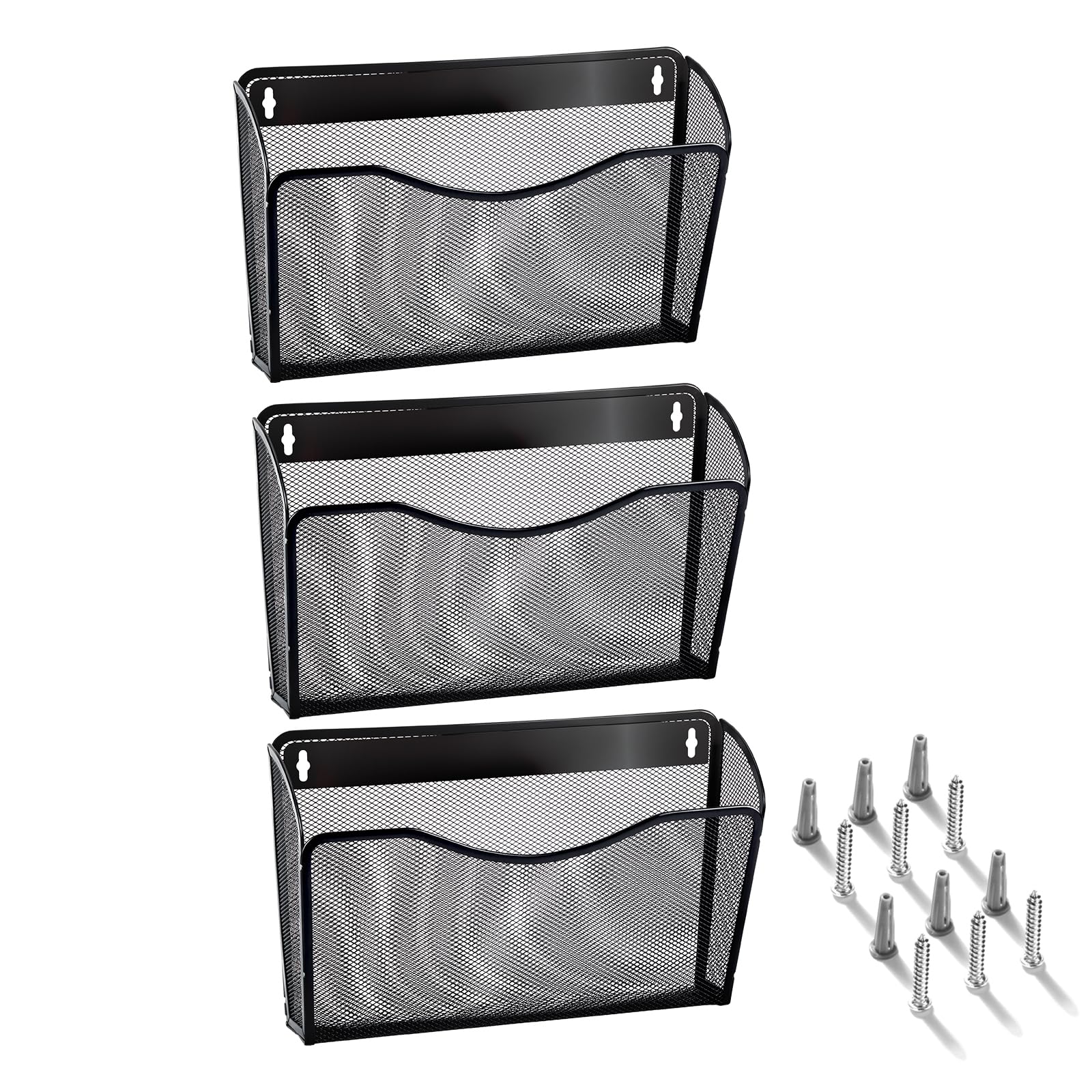 Wall Mount File Holder (3 Pack), AGPtEK Single Pocket Mesh Metal File Holder Organizer - Black