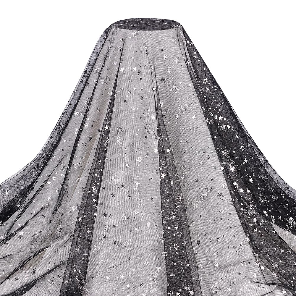 BENECREAT 3Yard/2.74M Black Sequins Star Lace Fabric, 1.5M/59 Silver Stamping Star Mesh Lace Fabric for DIY Handmade Clothing Wedding Dress Home Decor, 0.4mm Thick