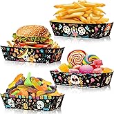 HOWAF 24 Pcs Day of The Dead Food Trays Sugar Skull Paper Food Boats for Mexican Dia De Los Muertos Decoration Supplies, Mexican Fiesta Disposable Tray Halloween Food Tray for Chips, Nachos,Candy