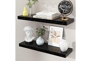 FUQING 24 Inch Black Floating Shelves for Wall, Solid Wood Wall Shelves Set of 2, Modern Black Shelves Display Ledge Shelves for Bedroom Bathroom Living Room Kitchen Decoration Storage - Black