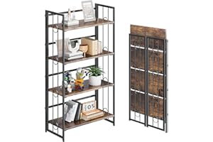 4NM No Assembly 4 Tiers Folding Bookshelf Storage Shelves Vintage Bookcase Standing Racks Study Organizer Home Office - Rustic Brown Black