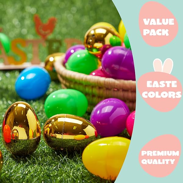 JOYIN 100PCS EASTER EGGS, PLASTIC 2.3″ 94PCS COLORFUL WITH 6PCS GOLDEN EGGS BULK EMPTY FILLABLE FOR EASTER HUNT PARTY FAVOR BASKET STUFFERS FILLER CLASSROOM PRIZE SUPPLIES DECOR