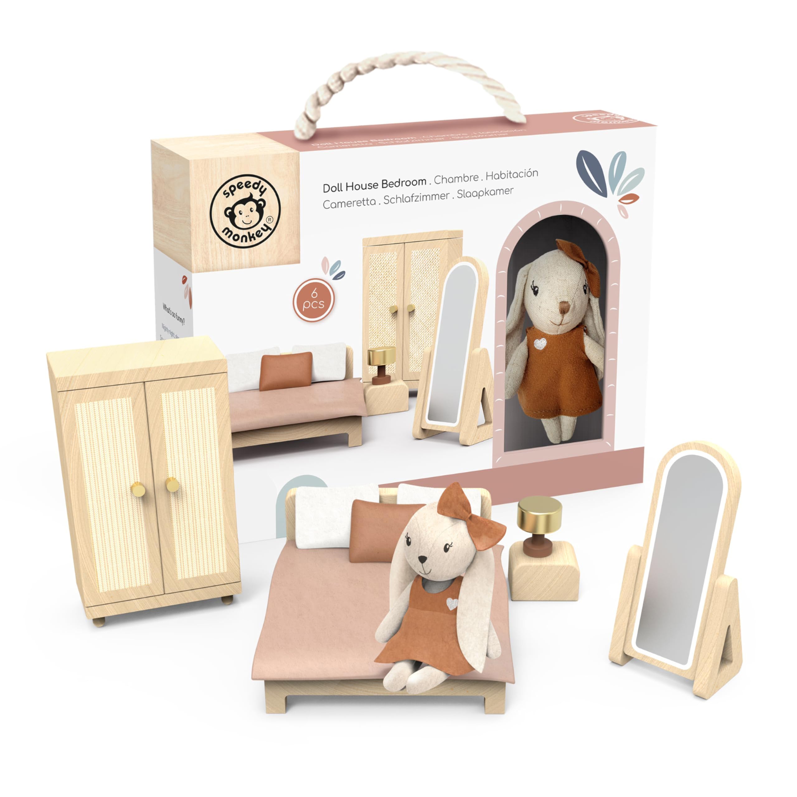 Speedy Monkey Doll House Bedroom Playset – Wooden Playhouse with Bunny Character & Furnitures Set for Kids, Pretend Play Dollhouse and Imaginative Room Décor Storytelling for Toddlers & Preschoolers