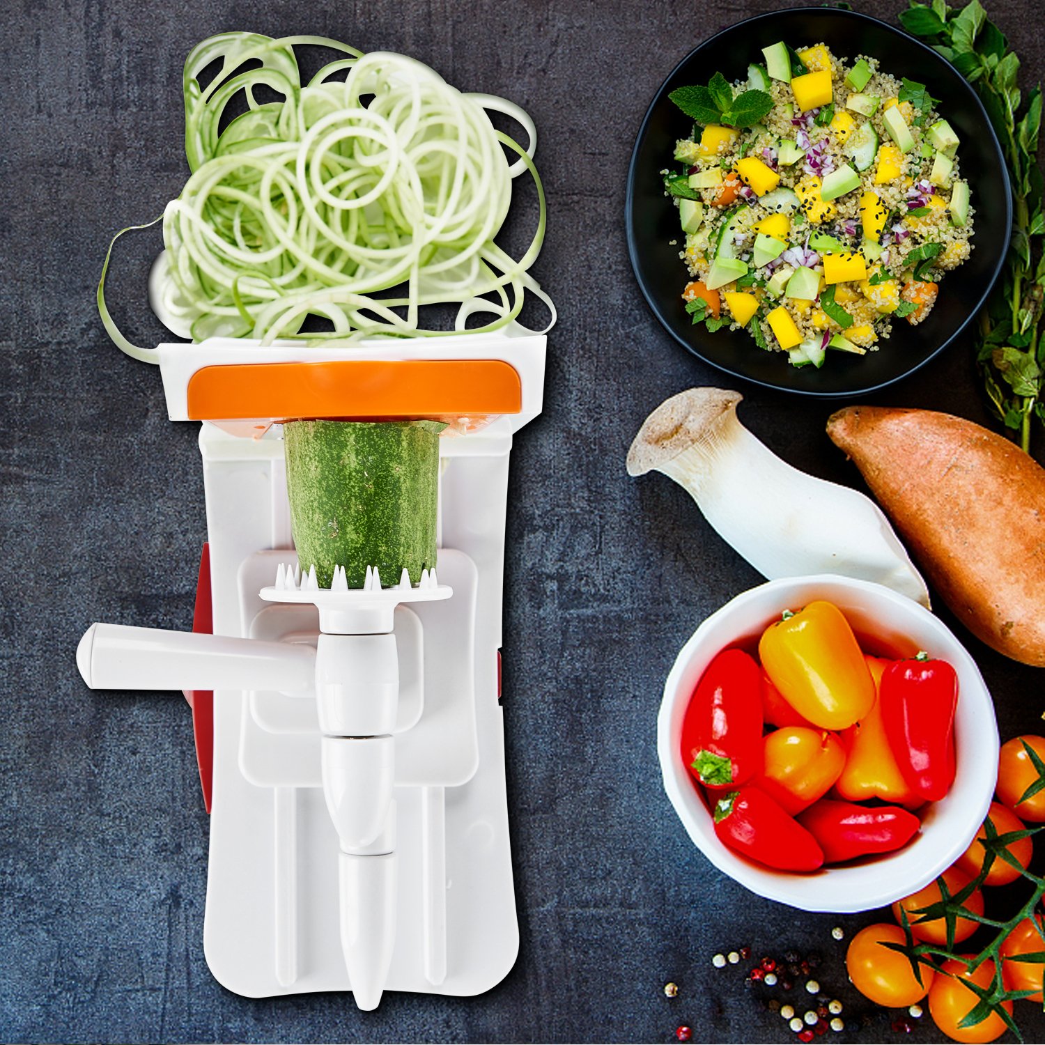 Spiralizer Vegetable Slicer - 5-Blade Veggie Spiral Slicer with Powerful Suction Base, Fit Kitchen Veggie Pasta Salad Creations, Cut and Shred Zucchini Zoodles, Cucumbers, Onions, BPA Free