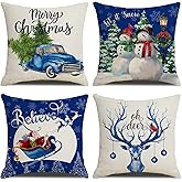 Coliuso Blue Christmas Throw Pillow Covers 18x18 Set of 4 Xmas Series Holiday Cushion Pillow Cover Christmas Decorations for Sofa Couch Bed Farmhouse Outdoor Living Room (Blue, 18x18)