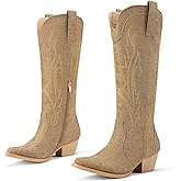 Rollda Cowboy Boots for Women Cowgirl Boots Embroidered Knee-High Western Boots Pointy Toe with Chunky Heel