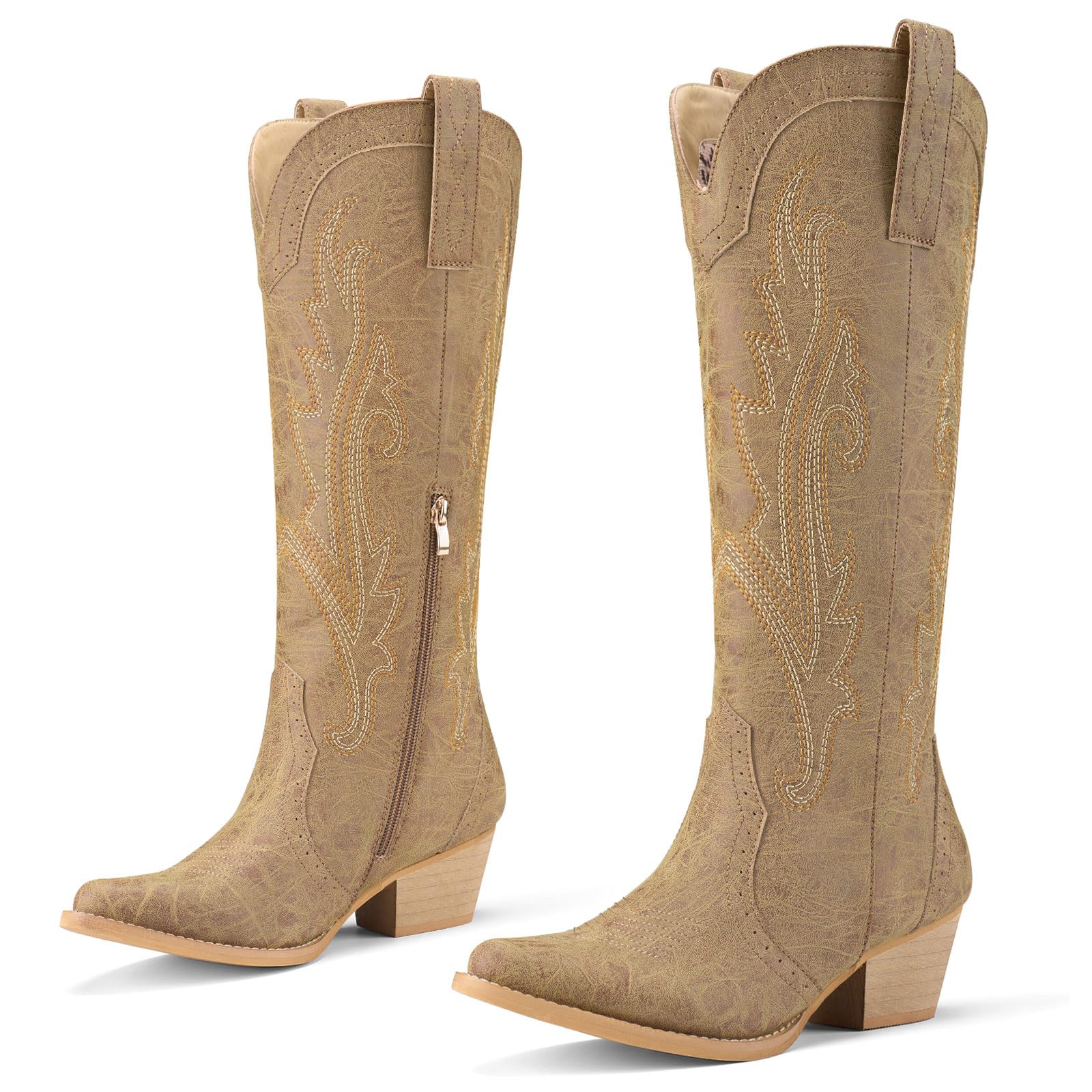 Rollda Cowboy Boots for Women Cowgirl Boots Embroidered Knee-High Western Boots Pointy Toe with Chunky Heel Brown Size 7.5 Image