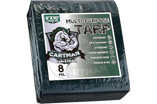 CARTMAN 8x10Ft Multipurpose Waterproof Poly Tarp Cover 8 Mil, Green | Reinforced edges, metal grommets every 36in, 10x10 weave, fits camping, emergency shelter, outdoor gear & cargo protection