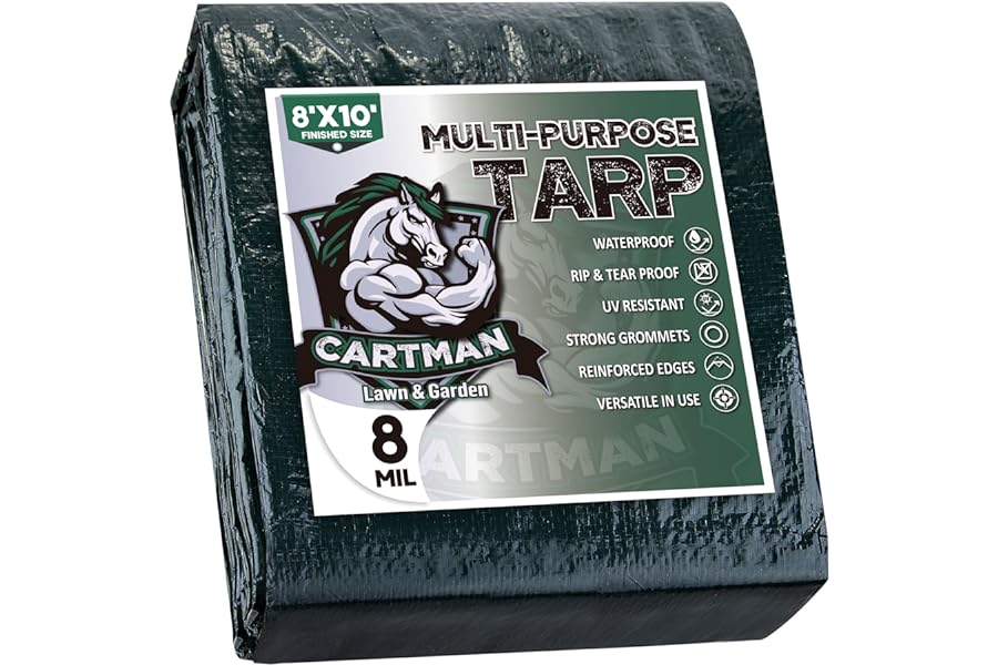 CARTMAN Finished Size 8x10 Feet Waterproof Green Tarp 8 Mil Thick, Multipurpose Protective Cover for Emergency Rain Shelter Camping Tarpaulin