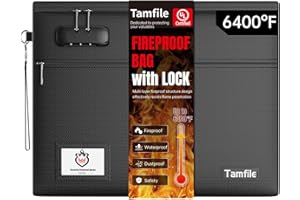 TAMFILE 6400℉ Fireproof Document Bag with Lock, 14.5 x 11.5 inch Fireproof Money Bag 2 pockets with Zipper for Cash, Fire Safe Money Pouch Zipper for Important File,Valuables, Keys, Passports (Black)
