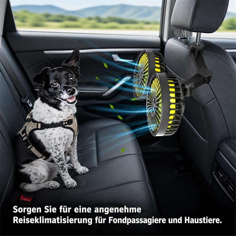 Z0BMIO Ventilatore per auto per sedile posteriore, 12 V, doppia testa, poggiatesta, ventilatore compatto da 12 V, con raffreddamento potente e silenzioso, ventilatore USB girevole a 360°, silenzioso