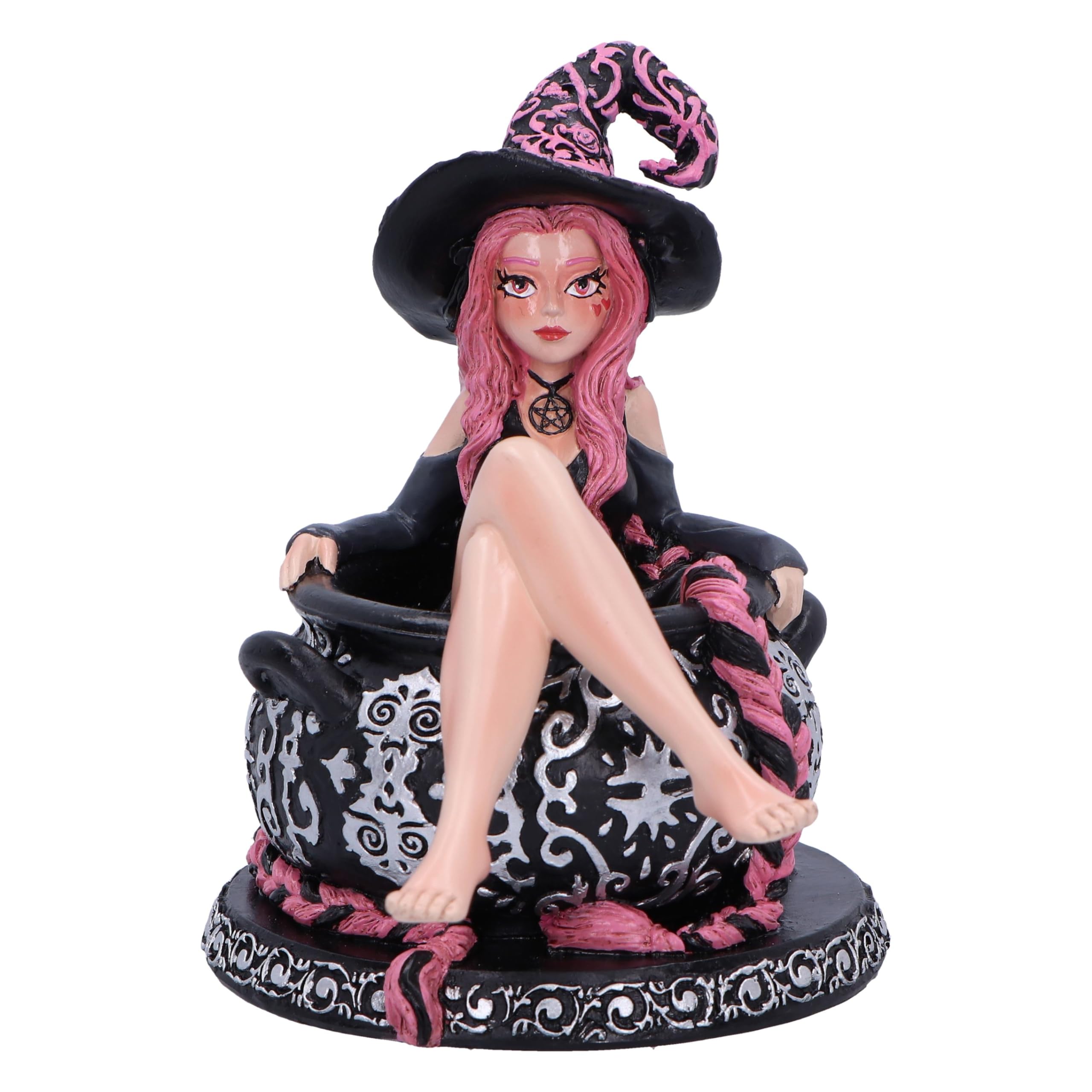 Nemesis Now Baie Rose Sugar and Spice Figurine 14.4cm, Resin, Black/Pink, Pinked Hair Witch Ornament, Long Pink-Haired Witch Cauldron Figurine, Cast in the Finest Resin, Expertly Hand-Painted