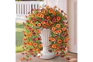 ZFProcess Artificial Hanging Flowers Plants for Outdoor Fall Decoration, 2PCS Faux Silk Daisy UV Resistant Look Real for Outside Home Indoor Planter Porch Garden Yard Autumn Decor(Orange Brown)
