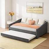 FAVSH Full Size Daybed with Trundle, USB Port &amp; Side Storage Bag | Linen Fabric, Button Tufted Back, Waved Piping Arms,Solid Frame, Twin Size Trundle, USB Charging Port, Side Bag,No Box Spring