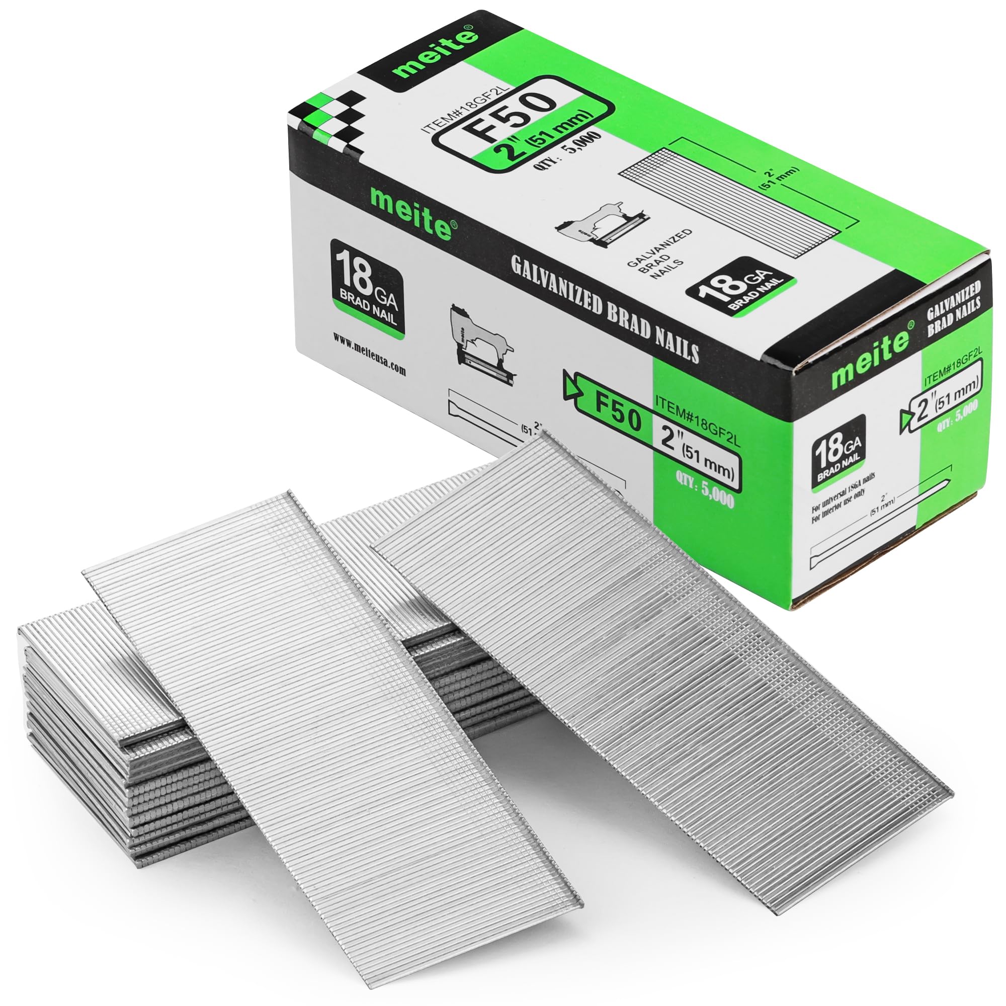 meite 18 Gauge Brad Nails, 50 mm 18G Brad Nails for Nail Gun, Galvanised Small Finishing Nails for Joinery, Trim Work (5,000 Counts)