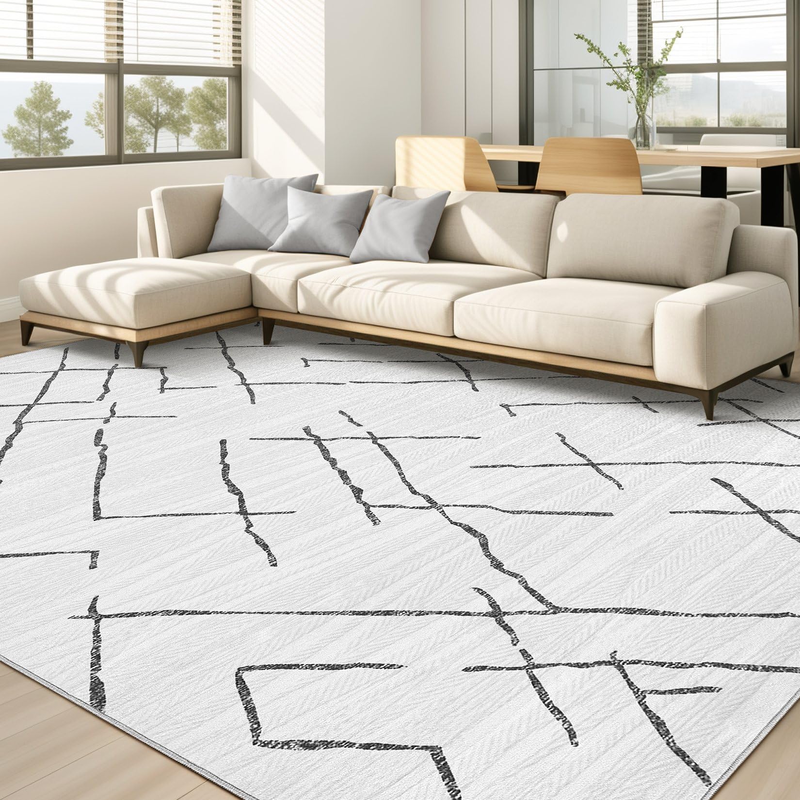 kakania 10x12 Washable Area Rug: Non Slip Soft Thin Carpet, Boho Geometric Modern Decor, Easy Clean Indoor Floor Large Rugs for Living Room Bedroom Kids Dorm Office Dining - Light Grey Image
