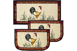 Kashi Home Kitchen Rug, Printed Area Rug, Durable Floor, Door Mat, Farmhouse Non-Slip Carpet Latex Backing Beautiful Design Dot Rooster 3pc Set (2 18x30 D Shape & 1 20x40)