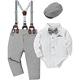 YALLET Baby Boy Clothes Set Infant Tuxedo Long Sleeve Gentleman Suit Outfits + Beret Hat + Suspender Pants + Bowtie 0-18M