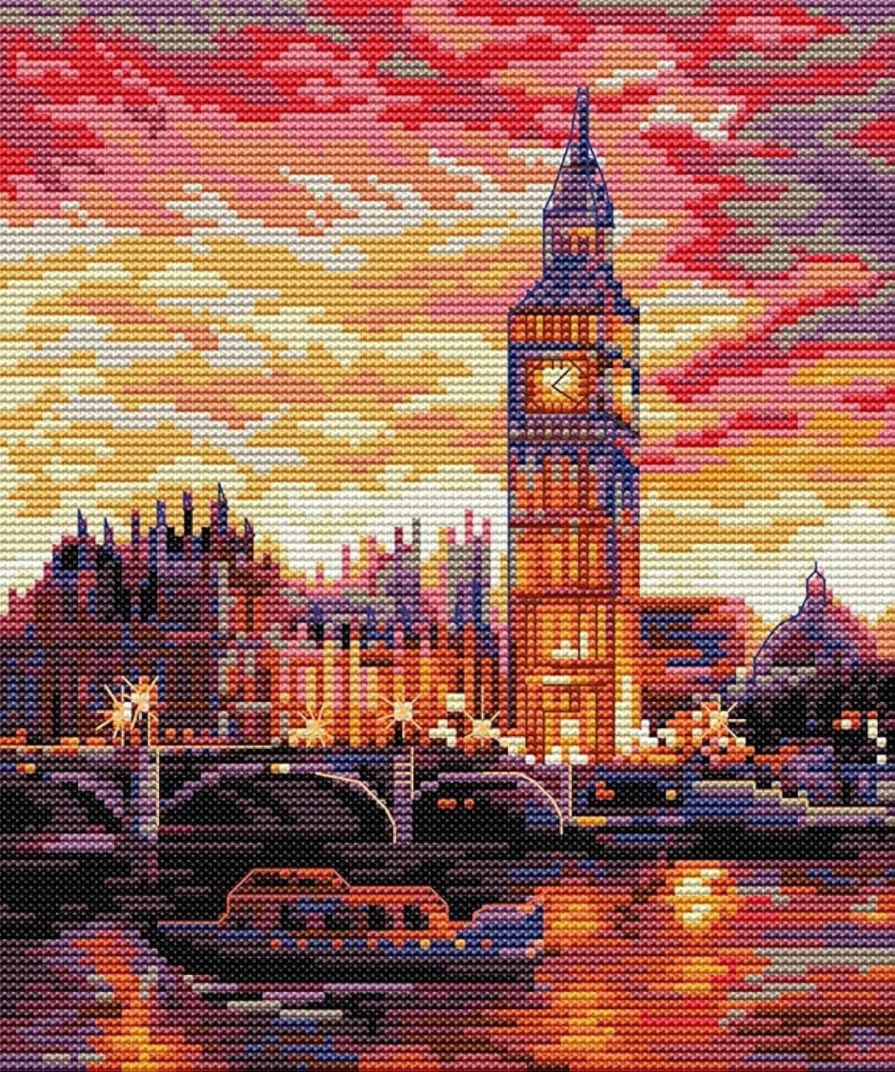 Gofission Pre Printed Cross Stitch Kits London Riverside Big Ben DIY 14 Count Stamped Embroidery Set 10.1x11.3 inch Fabric with Accessories Needlework Home Wall Decor — image 1