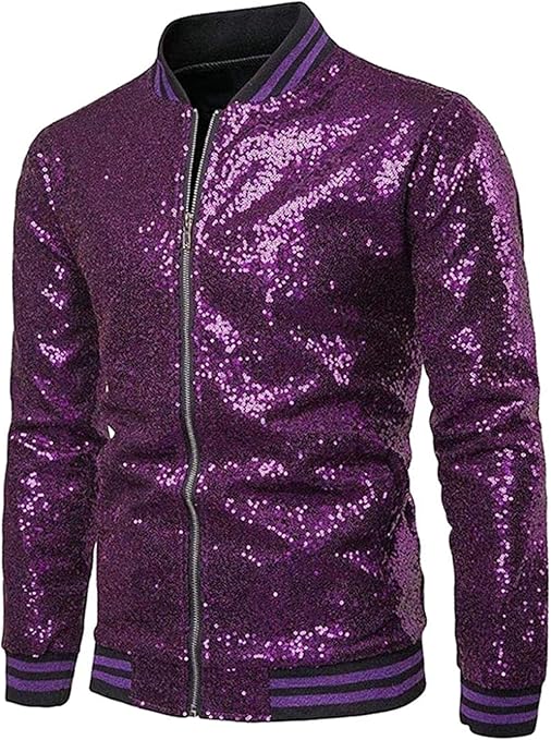 Men Sequins Party Club FullZip Casual Bomber Jacket Baseball Coat