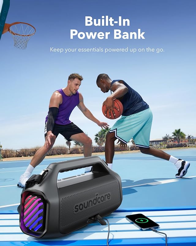 Soundcore boom 2 plus potente alto-falante bluetooth, 140 w com 2 + 2 canais estéreo, bassup 2.0, carregamento rápido de 30 w, 20 h de autonomia, ipx7, flutuante, luzes rgb, usb-c, equalizador personalizado, bluetooth 5.3