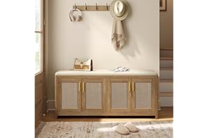 VASAGLE ELLAN Collection - Boho Shoe Bench with Cushion, Entryway Storage Bench with 4 Rattan-Look Cabinet Doors, Rounded Cor