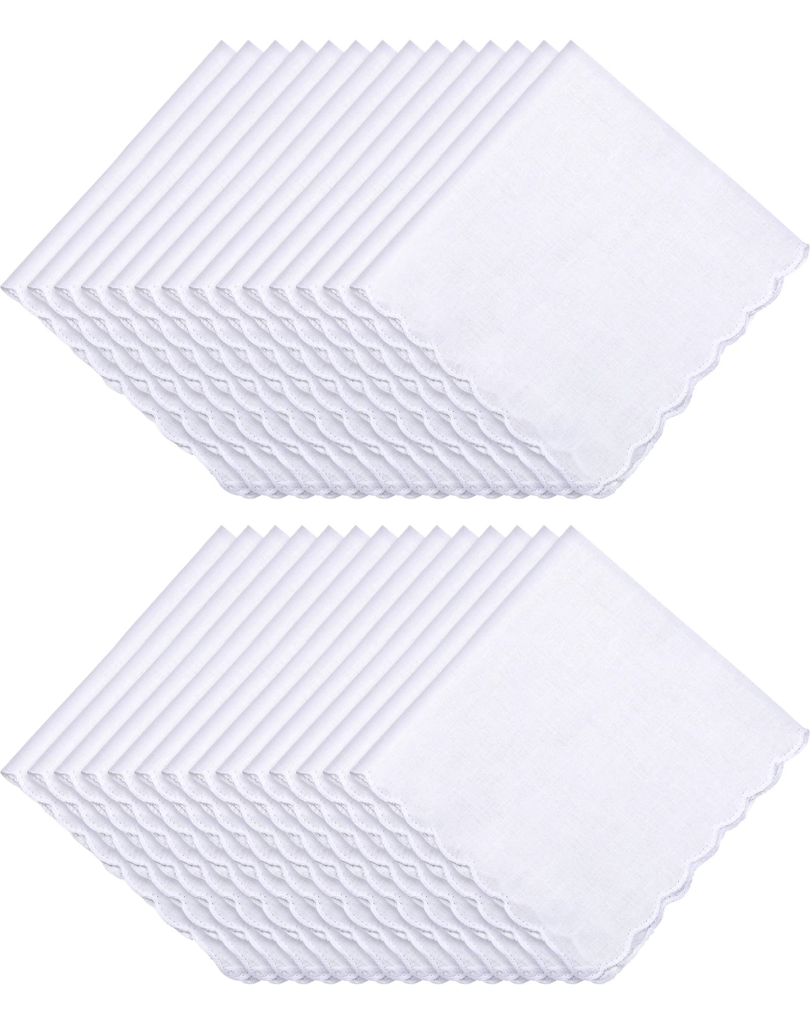 Photo 1 of Kinlop 12 Pcs Scalloped White Handkerchiefs for Women Bulk Cotton Hankies Pocket for Wedding Party Shower Gift Favor (11"x11")