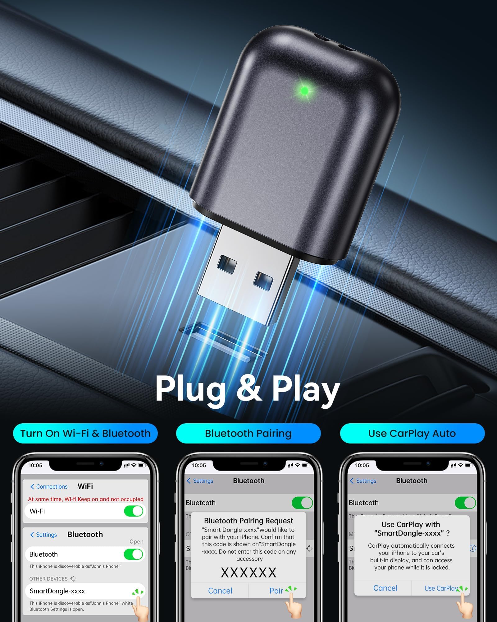 Burnt Sugar Wireless Carplay Adapter for iPhone Newly Upgraded, Ultra-Mini USB Design for Apple Car Play Dongle Convert Wired to Wireless, Stable Connect Plug & Play for iOS 10+ & Car from 2016+(Gray)