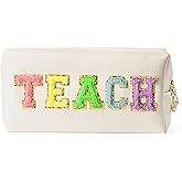 CY2SIDE Colorful TEACH Letter Patch Makeup Bag Shell Gold PU Leather Patch Cosmetic Bag with TEACH Chenille Letter for Travel Waterproof Portable Zipper Travel Organizer for Teacher Appreciation Gifts