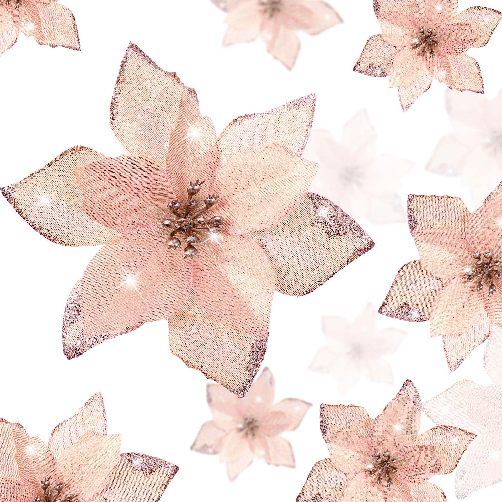 WILLBOND 36 Pieces Christmas Glitter Poinsettia Flowers Artificial Flowers Wedding Glitter Christmas Tree New Year Ornaments (Rose Gold,3 Inch, 4 Inch, 6 Inch)