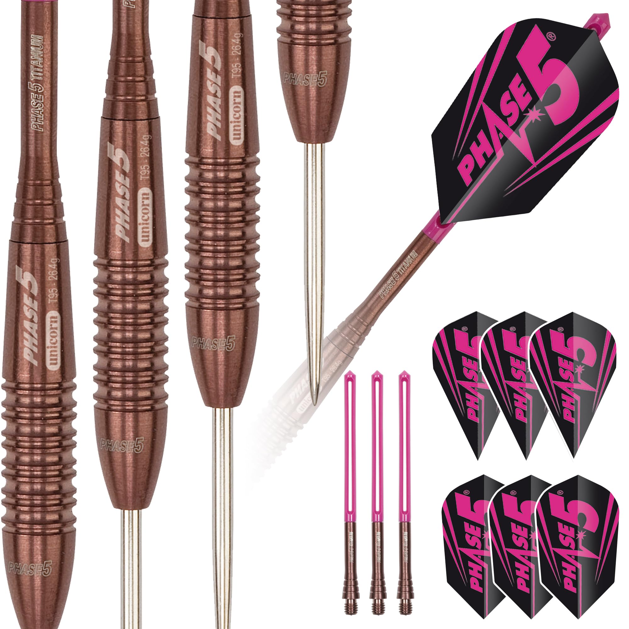 Unicorn Steel Tip Professional Darts Set | Evolution World Champion Series Phase 5 | 97% Natural Tungsten Barrels | Extra Set of DXM Flights | Wallet | 26 g