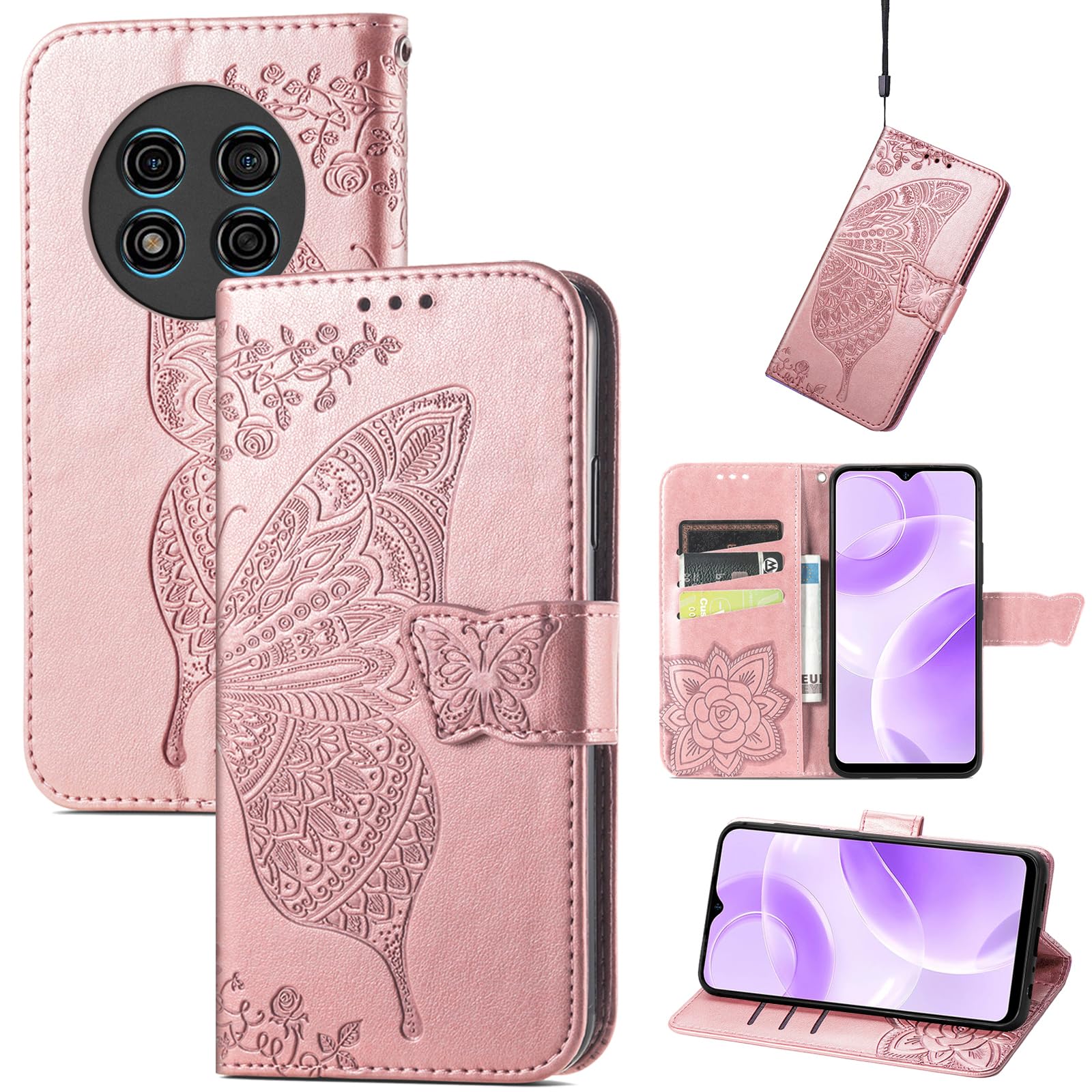 JIUNINE Case for Ulefone Note 15, Leather Wallet Case Flip Cover with Butterfly Embossed Pattern [Card Holder] [Magnetic Closure] [TPU Inner Shell] for Ulefone Note 15, Rosegold