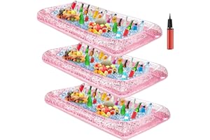 Glimin 3 Pcs Inflatable Serving Bar Salad Ice Tray Food Drink Candy Buffet Containers Picnic Pool Inflatable Cooler with a Drain Plug and a Hand Pump, 53 x 23.6 x 4.7 Inch(Pink)