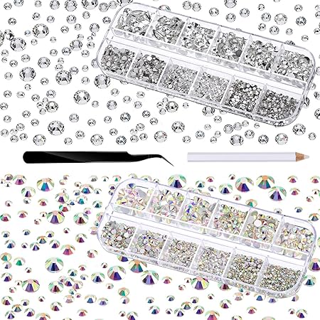 4000 Stücke Glas Flatback Edelsteine Runde Flat Back Strasssteine 6 Größen 1,5 mm-6 mm in Box mit Pinzette und Strass Picking