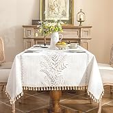 Alsoo Rectangle Tablecloth 55" x 75", Farmhouse Linen Style Table Cloth with Brown Fern Embroidery &amp; Tassels, Heavy Weight Wrinkle &amp; Spill Resistant Table Cover for Dining Kitchen (4-6 Seats)