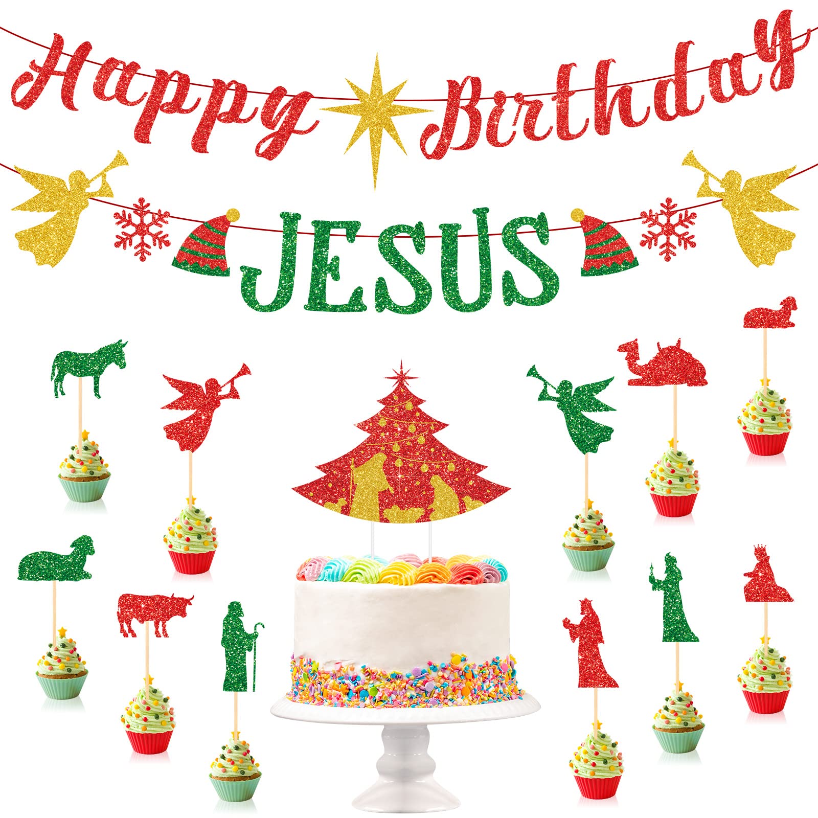 Photo 1 of 11 Pcs Happy Birthday Jesus Banner Jesus Cupcake Topper a Cake Topper Red Glitter Christmas Birthday Banner Garland for Nativity Scene Christmas Religious Holiday Party Decorations