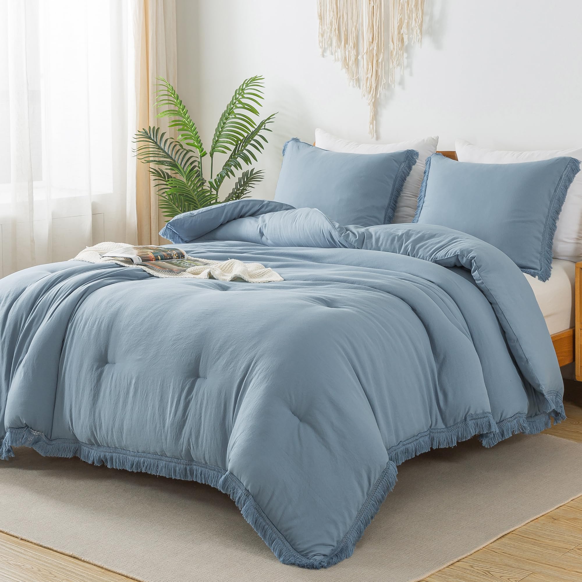 Photo 1 of Andency Grayish Blue Comforter Set Full Size, 3 Pieces Boho Tassel Lightweight Bedding Comforter Sets, All Season Soft Fluffy Fringe Bed Set (79x90In Comforter & 2 Pillowcases)