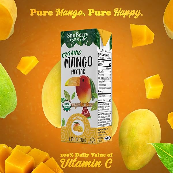 SUNBERRY FARMS ORGANIC MANGO NECTAR JUICE BOXES 32 PACK (6.75 FL OZ) – ORGANIC MANGO JUICE DRINKS, ALL NATURAL, REAL SUGAR, TROPICAL FRUIT JUICE FOR KIDS & FAMILY