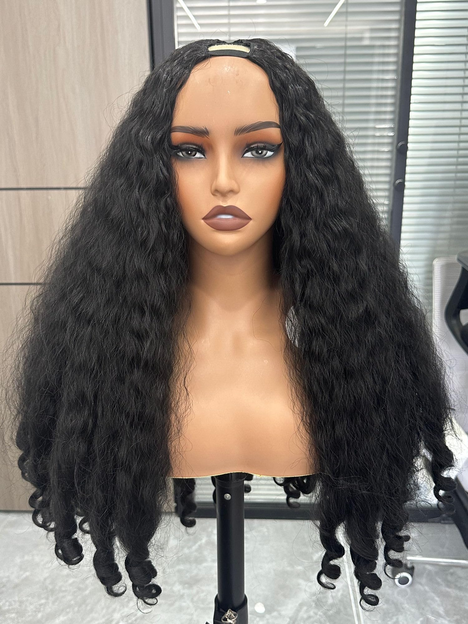Photo 1 of **PLASTIC**PREMPO Afro Wig V Part Kinky Curly Wigs for Black Women, 180% Density Wear and Go Glueless Wig with Unique Bouncy Curls in the End, Synthetic No Leave out Clip in (Black, 24 Inch)