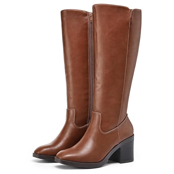 MYSOFT WOMEN’S KNEE HIGH BOOTS SQUARE TOE CHUNKY BLOCK STACKED HEEL TALL BOOTS WITH SIDE ZIPPER