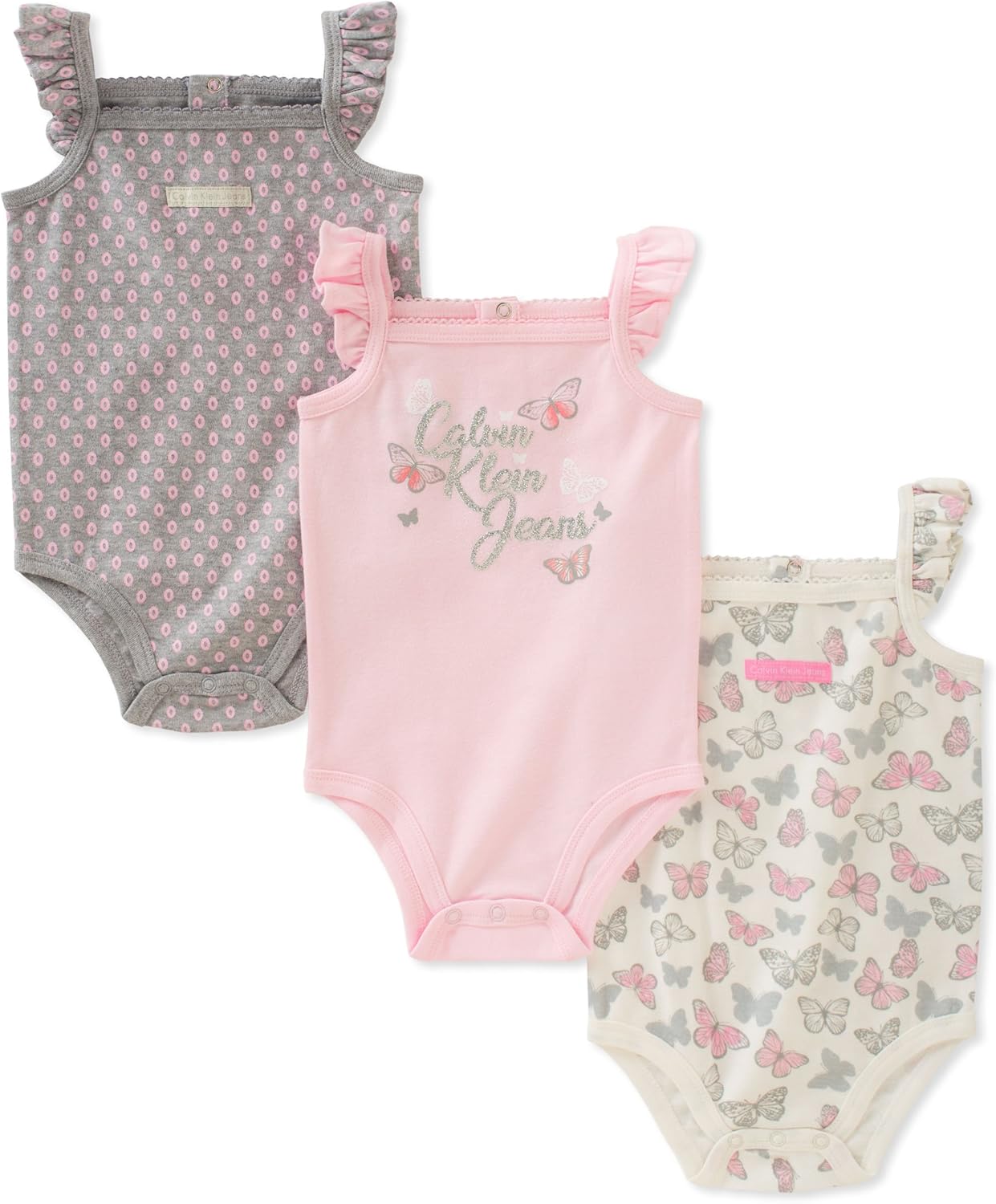 Calvin Klein Baby Girls 3 Pieces Pack Bodysuits, Pink/Gray