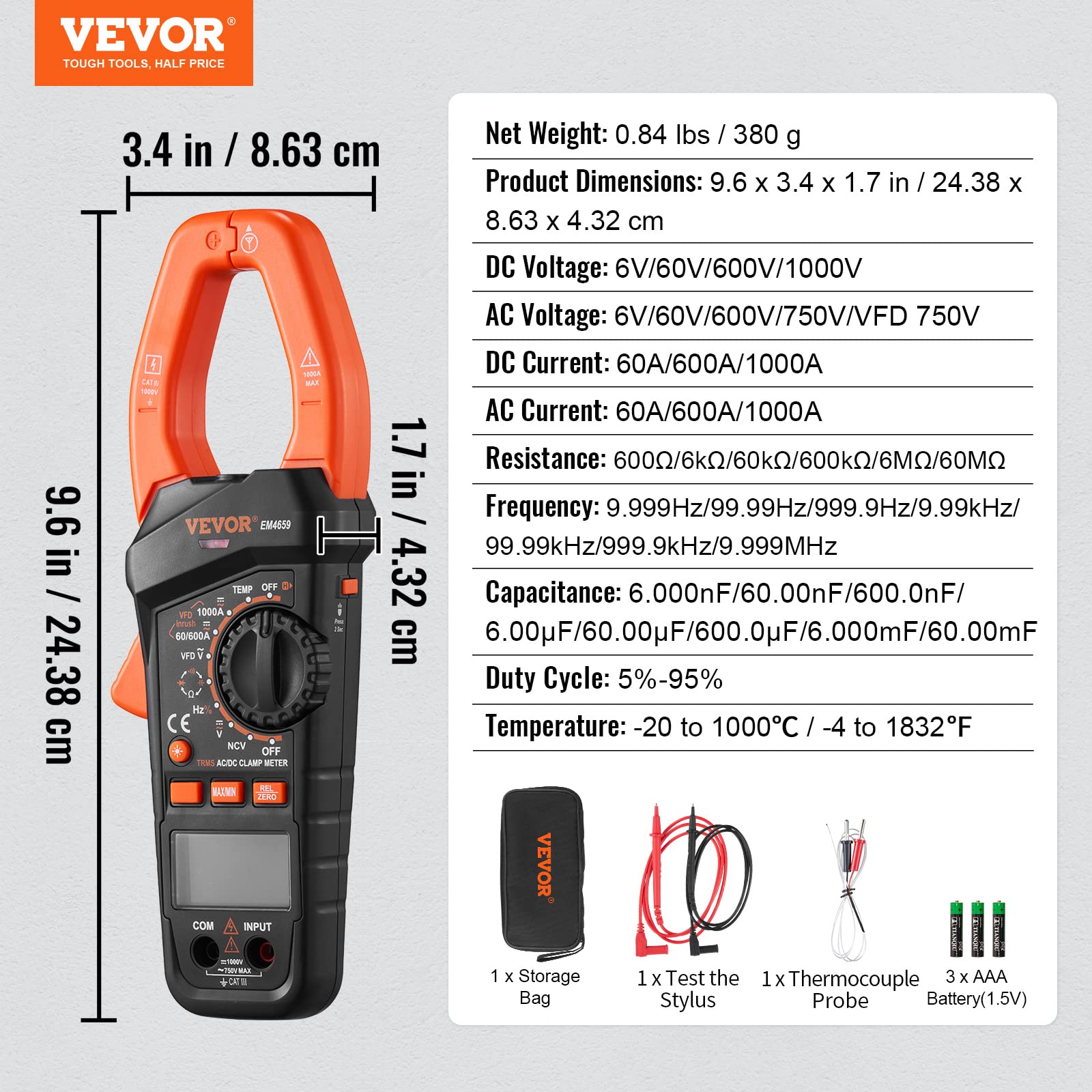 VEVOR Digital Clamp Meter T-RMS, 6000 Counts, 1000A